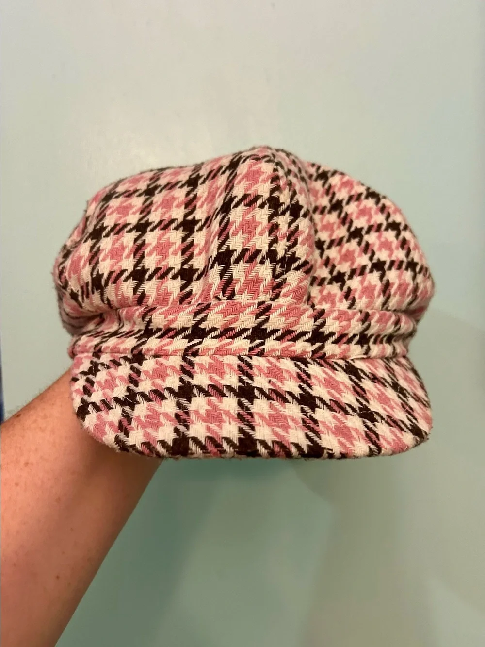 Women's VTG Pink Brown Houndstooth Newsboy Hat Cap Y2K Plaid